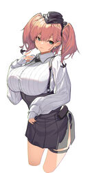  atlanta_(kancolle) black_hat black_skirt breasts brown_hair collared_shirt cropped_legs earrings female fingerless_gloves garrison_cap gloves grey_eyes hair_between_eyes hat high-waist_skirt highres jewelry kantai_collection large_breasts long_hair long_sleeves oweee pleated_skirt shirt simple_background single_earring skirt solo star_(symbol) star_earrings suspender_skirt suspenders two_side_up white_background white_gloves white_shirt 