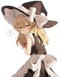  apron back_bow black_hat black_skirt black_vest blonde_hair blush bow braid clenched_teeth closed_mouth commentary_request covering_breasts covering_privates embarrassed eyelashes feet_out_of_frame female frilled_apron frills furrowed_brow hair_between_eyes hair_ribbon hat highres jill_07km kirisame_marisa long_hair looking_at_viewer protected_link ribbon sash shirt simple_background single_braid skirt solo spoken_squiggle squiggle standing tearing_up tears teeth torn_apron torn_clothes torn_sleeves touhou tress_ribbon vest white_apron white_background white_sash white_shirt witch_hat yellow_eyes 