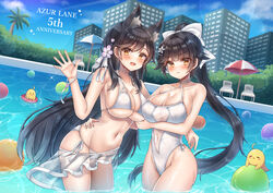  2girls absurdres animal_ears anniversary atago_(azur_lane) atago_(summer_march)_(azur_lane) azur_lane bikini black_hair blue_sky bow breasts building casual_one-piece_swimsuit choker cloud commentary_request cowboy_shot criss-cross_halter crossed_arms day dog_ears extra_ears hair_flaps halterneck highleg highleg_swimsuit highres himeno_ame large_breasts long_hair manjuu_(azur_lane) multiple_girls navel official_alternate_costume one-piece_swimsuit outdoors ponytail pool ribbon sarong sky swimsuit takao_(azur_lane) takao_(beach_rhapsody)_(azur_lane) water white_bikini white_bow white_choker white_one-piece_swimsuit white_ribbon 