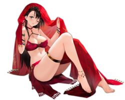  anklet arizona_(azur_lane) arizona_(enchantress_from_afar)_(azur_lane) azur_lane bare_shoulders barefoot black_hair bracelet breasts cleavage collarbone feet female full_body grey_eyes hair_ornament jewelry large_breasts legs long_hair looking_at_viewer midriff navel official_alternate_costume official_art one_eye_closed sitting suisai_(suisao) thigh_strap toes transparent_background veil 