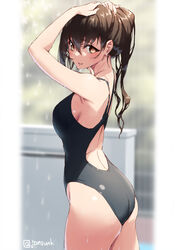  armpits arms_up ass aya_(jonsun) black_one-piece_swimsuit blurry blurry_background blush breasts brown_eyes brown_hair commentary_request competition_swimsuit cowboy_shot day depth_of_field dripping female hair_between_eyes jonsun large_breasts long_hair one-piece_swimsuit original outdoors parted_lips ponytail sideboob skindentation smile solo swimsuit twitter_username water wet wet_hair 