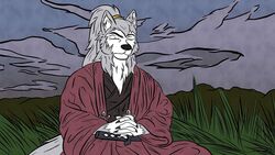  16:9 anthro asian_clothing canid canine canis clothing east_asian_clothing eifiemoth japanese_clothing kimono lord_katsumoto_moritsugu_wolf male mammal meditating meditation outside samurai solo warrior widescreen wolf 