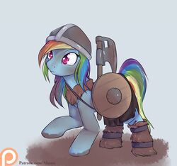  2016 alasou armor axe dirty equid equine female feral friendship_is_magic hair hasbro headgear helmet hi_res horse mammal melee_weapon multicolored_hair my_little_pony patreon patreon_logo pink_eyes pony rainbow_dash_(mlp) rainbow_hair round_shield shield simple_background solo text url viking weapon website_logo wood wood_shield 