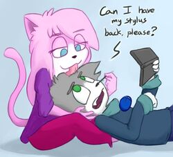  2014 aeris_(vg_cats) anthro bell blue_background blue_eyes clothing collar countershading dialogue domestic_cat duo electronics english_text felid feline felis female fur game_console green_eyes grey_body grey_fur leo_(vg_cats) licking male mammal nintendo nintendo_ds nintendo_ds_family pink_body pink_fur simple_background soupbag stylus text tongue tongue_out vg_cats white_body white_fur 