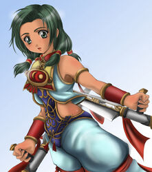  1041_(toshikazu) armlet dual_wielding female green_eyes jewelry looking_at_viewer solo soul_calibur soulcalibur_iii talim tan tonfa weapon 