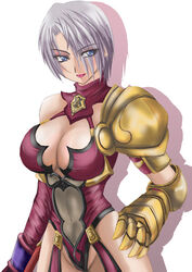  1041_(toshikazu) blue_eyes breasts cleavage female hand_on_hip isabella_valentine purple_hair smile solo soul_calibur soulcalibur_ii very_short_hair 