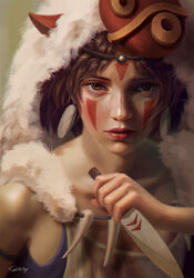  bad_deviantart_id bad_id blurry brown_eyes brown_hair depth_of_field deviantart_sample earrings facepaint female freckles headband highres image_sample jewelry knife mask mononoke_hime robusta_mania san_(mononoke_hime) short_hair signature solo studio_ghibli upper_body 