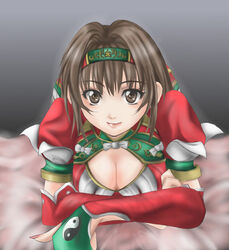  1041_(toshikazu) alternate_costume breasts brown_eyes brown_hair chai_xianghua cleavage female hairband looking_at_viewer lowres lying on_stomach smile solo soul_calibur soulcalibur_ii 