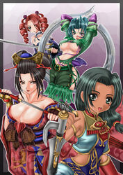  1041_(toshikazu) 4girls :d amy_sorel arms_up bare_shoulders blade breasts brown_eyes brown_hair choker cleavage double_bun drill_hair earrings flower geisha green_eyes green_hair green_hair hair_flower hair_ornament hair_over_one_eye hair_up hoop_earrings jewelry large_breasts long_hair looking_at_viewer multiple_girls oiran open_mouth purple_eyes red_hair ring setsuka smile soul_calibur soulcalibur_iii sword talim tan tira tira_(soulcalibur) tonfa underboob weapon 