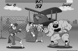  1boy 2girls airport battle boots capcom chun-li hair_bun lipstick makeup monochrome multiple_girls muscle oldschool parody street_fighter street_fighter_ii style_parody zangief 