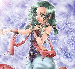  1041_(toshikazu) armlet female green_eyes green_hair hong_yun-seong imagining open_mouth solo soul_calibur soulcalibur_iii talim tears 