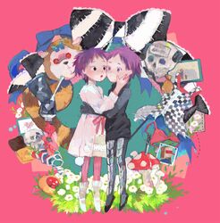  2girls bad_id bad_pixiv_id black_eyes bow bra cookie dorohedoro dress dual_persona ebisu_(dorohedoro) flower food fujita_(dorohedoro) highres hug knife mask multiple_girls mushroom namepino pantyhose pink_background purple_eyes purple_hair short_hair skull stuffed_toy underwear 