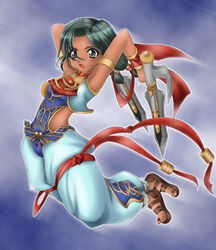  1041_(toshikazu) armlet arms_up dual_wielding female green_eyes green_hair looking_at_viewer open_mouth solo soul_calibur soulcalibur_iii talim tan tonfa weapon 