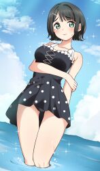  3: bien_(djpwjd1) black_hair black_one-piece_swimsuit blue_sky blunt_bangs blush breasts closed_mouth cloud collarbone commentary_request dutch_angle feet_out_of_frame female green_eyes hair_ornament hairclip hand_on_own_arm highres light_particles link!_like!_love_live! looking_at_viewer love_live! medium_breasts momose_ginko no_jacket official_alternate_costume one-piece_swimsuit short_hair sky solo sparkle split_mouth swimsuit swimsuit_skirt virtual_youtuber wading 