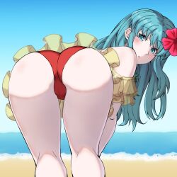  absurdres aqua_eyes aqua_hair ass ass_focus bare_shoulders bent_over bikini cameltoe eirika_(fire_emblem) eirika_(summer)_(fire_emblem) female fire_emblem fire_emblem:_the_sacred_stones fire_emblem_heroes flower hair_flower hair_ornament hibiscus highres long_hair looking_at_viewer looking_back lucky_zero official_alternate_costume open_mouth red_bikini simple_background solo swimsuit two-tone_bikini yellow_bikini 