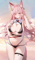  animal_ear_fluff animal_ears arknights armpits bare_shoulders beach bikini black_bikini blush braid breasts breasts_apart collar commentary cowboy_shot earrings female hair_between_eyes hair_intakes hair_ornament hands_up highres jewelry large_breasts long_hair looking_at_viewer multi-strapped_bikini_bottom nail_polish navel ocean open_mouth paid_reward_available pink_eyes pink_hair pink_nails pink_tail pozyomka_(arknights) revision ru_zhai sand sidelocks solo standing stomach sun_hair_ornament swimsuit tail thigh_strap very_long_hair white_collar wolf_ears wolf_tail 