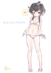  alternate_costume bikini black_hair brown_eyes character_name commentary_request female full_body gradient_hair hat heart kantai_collection koshigaya_tatsumi lowleg lowleg_bikini mini_hat multicolored_hair one-hour_drawing_challenge sandals short_hair short_hair_with_long_locks side-tie_bikini_bottom simple_background smokestack_hair_ornament solo spoken_heart swimsuit tokitsukaze_(kancolle) white_background white_bikini 