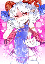  armlet blue_tabard blush commentary_request curly_hair detached_sleeves earrings eye_print female flat_chest fur_cuffs grin hand_on_own_cheek hand_on_own_face heart highres horizontal_pupils horns jewelry looking_at_viewer lowleg lowleg_panties meandros medium_bangs panties parted_bangs patterned_clothing pointy_ears purple_panties rectangular_pupils red_eyes red_horns red_sleeves sharp_teeth sheep_horns short_hair smile solo tabard teeth touhou toutetsu_yuuma underwear upper_body v-shaped_eyebrows white_hair yassy 