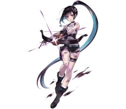  ancient_killers_(phantom_of_the_kill) belt black_hair blue_hair boots bow_(weapon) colored_inner_hair crossbow dirty female full_body hair_ornament highres holding holding_bow_(weapon) holding_weapon long_hair looking_at_viewer multicolored_hair open_mouth phantom_of_the_kill quiver shorts solo suiha_(phantom_of_the_kill) thighs torn_clothes weapon yellow_eyes 