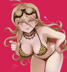  :p alternate_costume antenna_hair barbed_wire bare_arms bare_shoulders bent_over bikini blush breasts brown_bikini cleavage collarbone cowboy_shot danganronpa_(series) danganronpa_v3:_killing_harmony female goggles goggles_on_head hair_between_eyes highres iruma_miu large_breasts leopard_print_bikini long_hair pink_eyes red_background shiny_skin shiromo_ooo signature simple_background solo swimsuit tongue tongue_out 