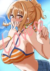  absurdres bikini bikini_top_only blonde_hair blue_shorts blue_sky blush braid breasts cleavage commentary_request earrings ereka female grin hair_between_eyes heart hexagon highres hoop_earrings index_finger_raised jewelry large_breasts leaning_forward love_live! love_live!_nijigasaki_high_school_idol_club miyashita_ai non-circular_lens_flare official_alternate_costume orange_bikini orange_eyes ponytail shorts side_braid single_sidelock sky smile solo striped_bikini striped_clothes swimsuit upper_body v_arms v_over_mouth 