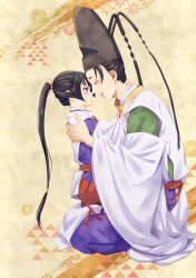  2boys :d age_difference bishounen black_hair blush chrysanthemum closed_eyes commentary_request face-to-face facing_another flower forehead-to-forehead from_side green_kimono hair_behind_ear hakama hakama_pants hands_on_another&#039;s_shoulders hat heads_together high_ponytail highres houjou_tokiyuki_(nige_jouzu_no_wakagimi) japanese_clothes kariginu kimono long_hair long_sleeves low-tied_long_hair male_focus multiple_boys nige_jouzu_no_wakagimi onii-shota pants profile purple_eyes purple_hakama purple_kimono ribbon-trimmed_sleeves ribbon_trim selina1022 short_hair sidelocks_tied_back sitting sitting_on_lap sitting_on_person smile suwa_yorishige tate_eboshi wide_sleeves yaoi 