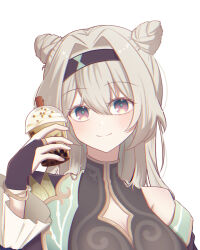  aimai_(pixiv_75842622) alternate_costume alternate_hairstyle black_gloves black_hairband breasts bubble_tea cleavage cleavage_cutout clothing_cutout cosplay cup disposable_cup double_bun drinking_straw female firefly_(honkai:_star_rail) gloves grey_hair hair_bun hair_intakes hairband hand_up highres holding holding_cup honkai:_star_rail honkai_(series) long_hair looking_at_viewer march_7th_(honkai:_star_rail) march_7th_(honkai:_star_rail)_(cosplay) portrait purple_eyes simple_background single_bare_shoulder smile solo white_background 