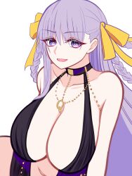  absurdres bare_shoulders bb_dubai_(fate) black_dress braid braided_hair_rings breasts center_opening cleavage dress fate/grand_order fate_(series) female hair_ribbon highres jewelry kazuradrop_(fate) large_breasts long_hair looking_at_viewer mcpc_zamurai necklace open_mouth purple_eyes purple_hair ribbon smile solo twin_braids very_long_hair yellow_ribbon 