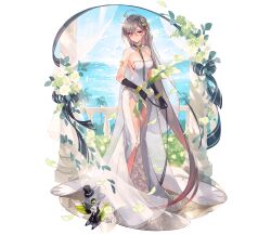  ahoge bouquet da-kuro dress female flower full_body grey_hair highres laevateinn_(phantom_of_the_kill) long_hair looking_at_viewer mascot phantom_of_the_kill red_eyes solo standing thighs wedding_dress 