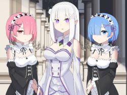  3girls akaoni_(zumt3548) bare_shoulders blue_eyes blue_hair blurry braid breasts cleavage commentary_request commission crown_braid depth_of_field detached_sleeves elf emilia_(re:zero) flower hair_flower hair_ornament hair_over_one_eye hair_ribbon highres long_hair looking_at_viewer maid maid_headdress medium_breasts multiple_girls pillar pink_hair pink_ribbon pixiv_commission pointy_ears purple_eyes purple_ribbon ram_(re:zero) re:zero_kara_hajimeru_isekai_seikatsu red_eyes rem_(re:zero) ribbon roswaal_mansion_maid_uniform short_hair siblings sisters twins white_flower white_hair x_hair_ornament 