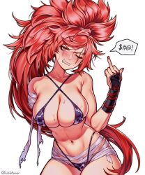  amputee animal_print armor baiken bandaged_arm bandages big_hair bikini blush breasts bsapricot cow_print cow_print_bikini facial_tattoo female grimace guilty_gear guilty_gear_strive highres japanese_armor kote large_breasts long_hair middle_finger one_eye_closed ponytail print_bikini red_eyes red_hair scar scar_across_eye solo stomach sweat swimsuit tattoo teeth twitter_username very_long_hair white_background 