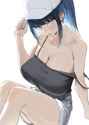  absurdres arm_support bare_shoulders baseball_cap black_camisole blue_archive blue_eyes blue_hair blunt_bangs breasts camisole cleavage closed_mouth colored_inner_hair commentary_request female from_above hat highres holding holding_hat holding_unworn_clothes large_breasts long_hair looking_at_viewer mitsukichi multicolored_hair official_alternate_costume ponytail saori_(blue_archive) saori_(swimsuit)_(blue_archive) sidelocks sitting solo strap_slip thighs white_background white_hat 