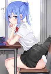  ? black_skirt blue_eyes blue_hair blue_scrunchie blush bow bowtie chair clothes_lift desk female from_side hair_ornament hair_scrunchie highres indoors komizu_umika looking_back nagomi_yayado original panties ponytail red_bow red_bowtie school_chair school_desk school_uniform scrunchie shirt shirt_tucked_in short_sleeves sitting skirt skirt_caught_on_object skirt_lift solo sweatdrop underwear wardrobe_malfunction white_panties white_shirt window 