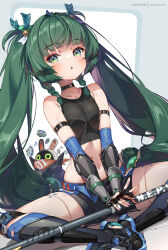  :o android bangboo_(zenless_zone_zero) bike_shorts braid breasts closed_mouth collarbone eous_(zenless_zone_zero) female green_eyes green_hair green_ribbons hair_ribbon highres hong_(white_spider) indian_style long_hair medium_breasts midriff navel patreon_username qingyi_(zenless_zone_zero) ribbon sitting solo twin_braids twintails very_long_hair zenless_zone_zero 