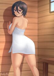  1girls alternate_version_available black_hair bleach dark_hair female female_only kuchiki_rukia looking_at_viewer looking_back rocky-ace short_hair solo towel 