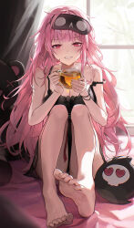  absurdres aimitkkays bare_legs bare_shoulders barefoot black_mask black_nightgown blush breasts cleavage commentary cup curtains death-sensei_(mori_calliope) feet female grin heart heart-shaped_eyes highres holding holding_cup hololive hololive_english knees_up large_breasts legs light_particles long_hair looking_at_viewer mask mask_on_head messy_hair mori_calliope mori_calliope_(sleepwear) nightgown pink_eyes pink_hair red_ribbon ribbon sitting sleep_mask smile soles solo strap_slip stuffed_animal stuffed_toy tea teddy_bear thighs toenails toes virtual_youtuber window 