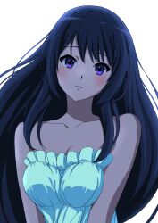  absurdres bare_shoulders black_hair blue_dress blush breasts breasts_squeezed_together cleavage commentary_request dress female frilled_dress frills hibike!_euphonium hide12862152 highres kousaka_reina long_hair medium_breasts purple_hair solo strapless strapless_dress 