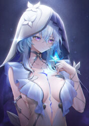  absurdres blue_butterfly blue_hair blue_veil breasts bug butterfly butterfly_on_hand chinese_commentary cleavage collarbone commentary_request dress female glowing glowing_butterfly glowing_eyes hair_between_eyes highres large_breasts looking_at_animal medium_hair partial_commentary purple_eyes royboy sidelocks solo tacet_mark_(wuthering_waves) the_shorekeeper_(wuthering_waves) two-tone_veil upper_body veil white_dress white_veil wuthering_waves 