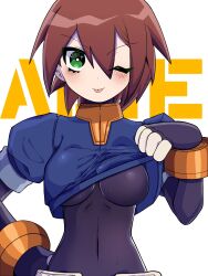  ;p aile_(mega_man_zx) black_bodysuit blue_jacket blush bodysuit bodysuit_under_clothes breasts brown_hair character_name clothes_lift cropped_jacket female green_eyes highres jacket jacket_lift koshianpancake looking_at_viewer medium_breasts mega_man_(series) mega_man_zx one_eye_closed short_hair simple_background solo tongue tongue_out upper_body white_background 