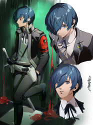  1boy absurdres against_wall black_jacket blood blood_on_wall blue_eyes blue_hair collared_shirt digital_media_player gekkoukan_high_school_uniform hair_over_one_eye hand_in_pocket headphones highres holding holding_sword holding_weapon jacket long_sleeves male_focus multiple_boys multiple_views nakano_maru neck_ribbon persona persona_3 persona_3_reload ribbon school_uniform shirt short_hair standing standing_on_one_leg sword weapon white_shirt yuuki_makoto_(persona_3) 