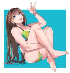  aozaki_aoko ass barefoot bikini blue_background blue_eyes breasts brown_hair cleavage female large_breasts leaning_back long_hair looking_at_viewer mahou_tsukai_no_yoru sitting smile suzuko_(star8383) swimsuit v 