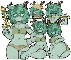  adventure_time antlers ass bra breasts colored_sclera colored_skin domino_mask female green_eyes green_hair green_sclera green_skin highres horns huntress_wizard leaf looking_at_viewer mask navel panties pantsu-ripper plant_hair slit_pupils smile underwear 