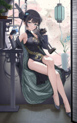  absurdres bare_shoulders black_dress black_gloves black_hair blue_archive blush braid braided_bun breasts butterfly_hair_ornament china_dress chinese_clothes coat commentary_request double_bun dragon_print dress female full_body gloves grey_coat grey_eyes gun hair_bun hair_ornament half_gloves halo high_heels highres kisaki_(blue_archive) long_hair long_sleeves looking_at_viewer milk_carton off_shoulder pelvic_curtain pinstripe_pattern short_dress side_slit silvertsuki sitting small_breasts solo striped_coat twintails vase vertical-striped_coat weapon 