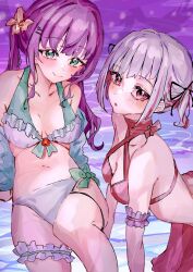  2girls alternate_costume bikini black_ribbon blush bob_cut bow bow_bikini breasts cleavage closed_mouth collarbone criss-cross_halter flower frilled_bikini frills green_eyes grey_hair hair_flower hair_ornament hair_ribbon halterneck highres inverted_bob jacket jacket_partially_removed knee_up leaning_forward link!_like!_love_live! long_hair looking_at_viewer love_live! medium_breasts multicolored_hair multiple_girls night oihlf open_mouth otomune_kozue pink_flower purple_hair red_bikini red_eyes red_hair ribbon short_hair sidelocks smile streaked_hair swimsuit twintails virtual_youtuber wet white_bikini yugiri_tsuzuri 