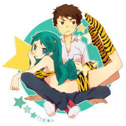  2boys angry animal_print aqua_eyes bad_id bad_pixiv_id brown_eyes brown_hair duplicate female frown green_hair horns lum moroboshi_ataru multiple_boys oni pixel-perfect_duplicate star_(symbol) taraku ten_(urusei_yatsura) tiger_print urusei_yatsura 