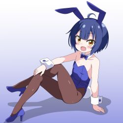  ahoge animal_ears black_pantyhose blue_background blue_footwear blue_hair blue_leotard bow bowtie brown_eyes crossed_legs detached_collar flat_chest full_body gochuumon_wa_usagi_desu_ka? gradient_background high_heels highres jouga_maya leotard oerba_yun_fang open_mouth pantyhose playboy_bunny rabbit_ears rabbit_tail sakuzo short_hair smile strapless strapless_leotard tail white_background wrist_cuffs 