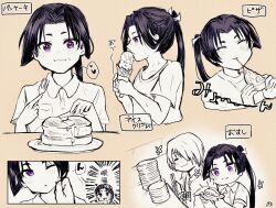  3boys :3 :d :t black_hair blush butter cheese_trail chewing chibi chibi_inset closed_eyes collared_shirt contemporary eating flower_(symbol) food food_on_face fork fubuki_(nige_jouzu_no_wakagimi) hair_over_one_eye hand_on_another&#039;s_cheek hand_on_another&#039;s_face happy head_tilt heart holding holding_food holding_fork holding_ice_cream holding_knife holding_pizza holding_plate houjou_tokiyuki_(nige_jouzu_no_wakagimi) ice_cream knife licking long_hair male_focus meeee_e122 multiple_boys nige_jouzu_no_wakagimi one_eye_closed one_eye_covered pancake pancake_stack parted_bangs pizza pizza_slice plate plate_stack polo_shirt ponytail profile purple_eyes shirt sidelocks_tied_back smile speech_bubble spot_color sushi suwa_yorishige sweat t-shirt teeth upper_teeth_only yaoi yellow_background 