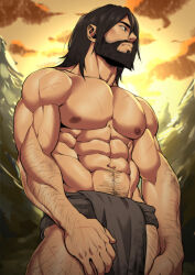  1boy abs absurdres arm_hair bara beard black_eyes brown_hair character_request clothes_around_waist commentary copyright_request cowboy_shot english_commentary facial_hair highres leg_hair male_focus medium_hair muscular muscular_male navel navel_hair nipples outdoors paid_reward_available solo standing sunset suyohara tree 