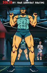  2boys absurdres ass bara barbell black_hair black_headband blue_shorts blue_tank_top clenched_teeth covered_nipples english_text exercising facial_hair hal_emmerich headband highres holding large_pectorals male_focus mature_male metal_gear_(series) metal_gear_solid miles_mandel multiple_boys muscular muscular_male pectorals short_hair shorts solid_snake tank_top teeth thick_thighs thighs weightlifting 