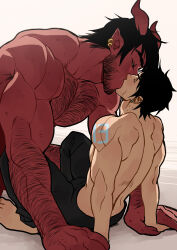  2boys absurdres arm_hair back bara barefoot beard black_hair black_pants chest_hair commentary demon demon_horns dominique_(the_devil_and_s-13) ear_piercing earrings english_commentary facial_hair highres horns jewelry kissing male_focus multiple_boys multiple_earrings muscular muscular_male pants piercing red_horns short_hair steen_(the_devil_and_s-13) suyohara the_devil_and_s-13 white_background yaoi 